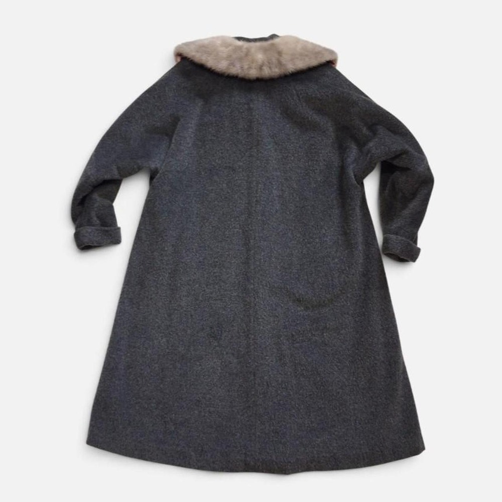 Vintage 50s 60s Luxury Charcoal Gray Wool Genuine Mink Fur Collar Overcoat M L - Picture 7 of 8